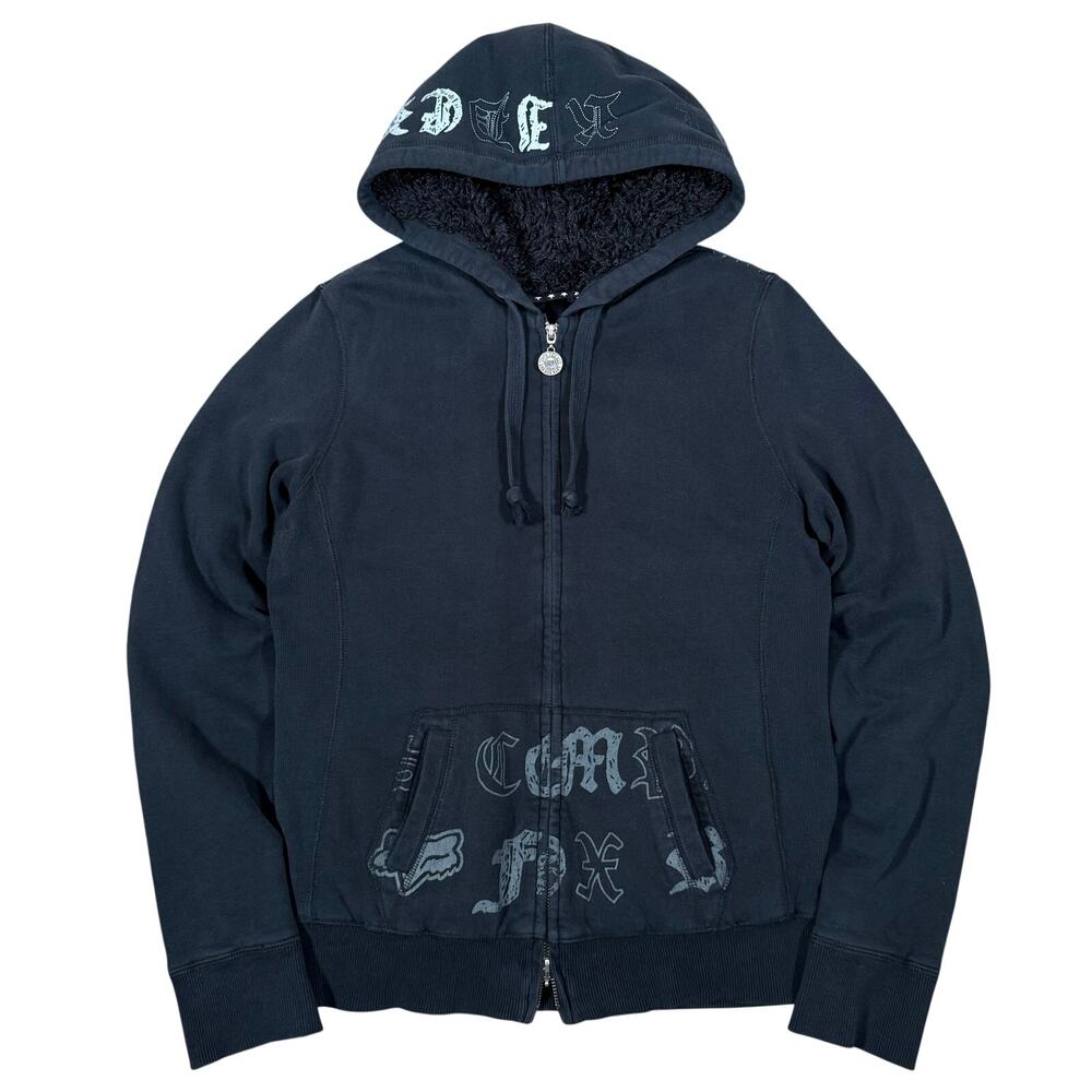 Y2K Fox Racing Sherpa Lined Hoodie Black Full Zip Motorcross Size Small